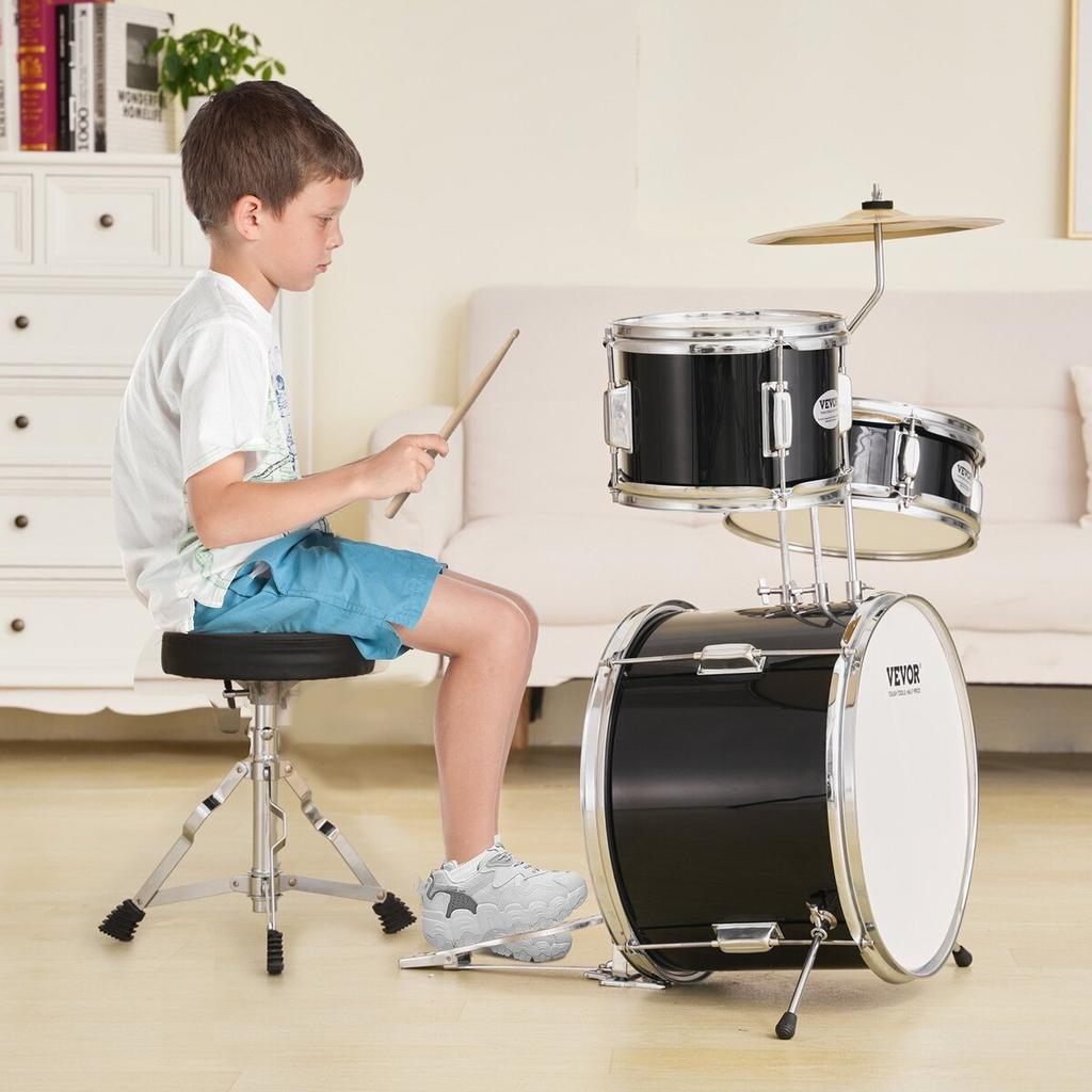 Kids Drum Set 3-Piece 14 in Beginner Drum Set for Child with Throne Black
