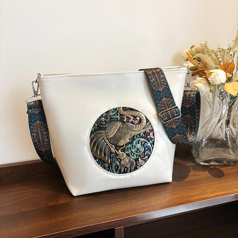 Vintage Elephant Print Crossbody Bag for Women, Boho Leather Shoulder Bag, Adjustable Wide Strap Messenger Purse, Casual Daily Handbag