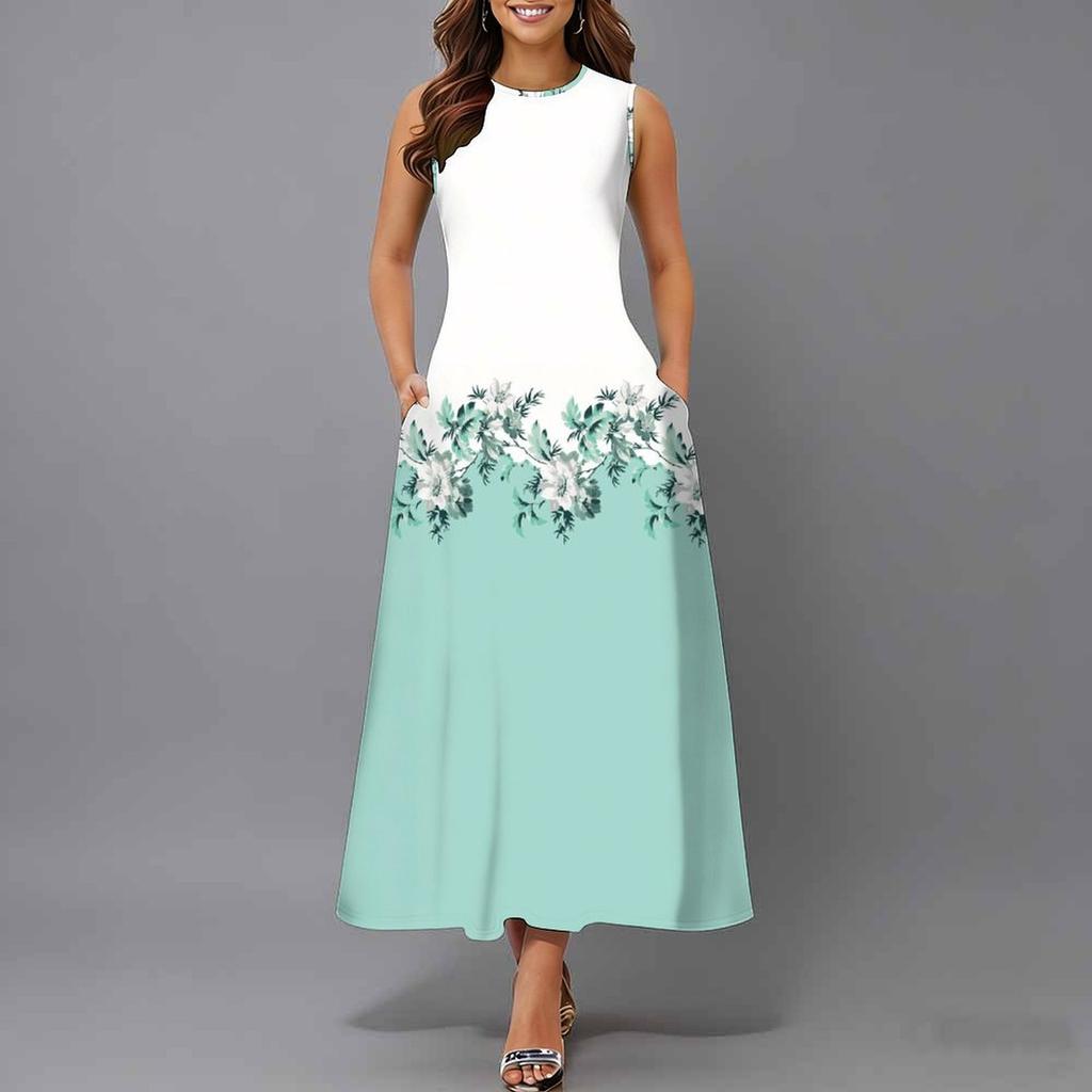 Women Plus Size Sleeveless Round Neck Dress Retro Floral Pattern Loose Flowy Midi Gown