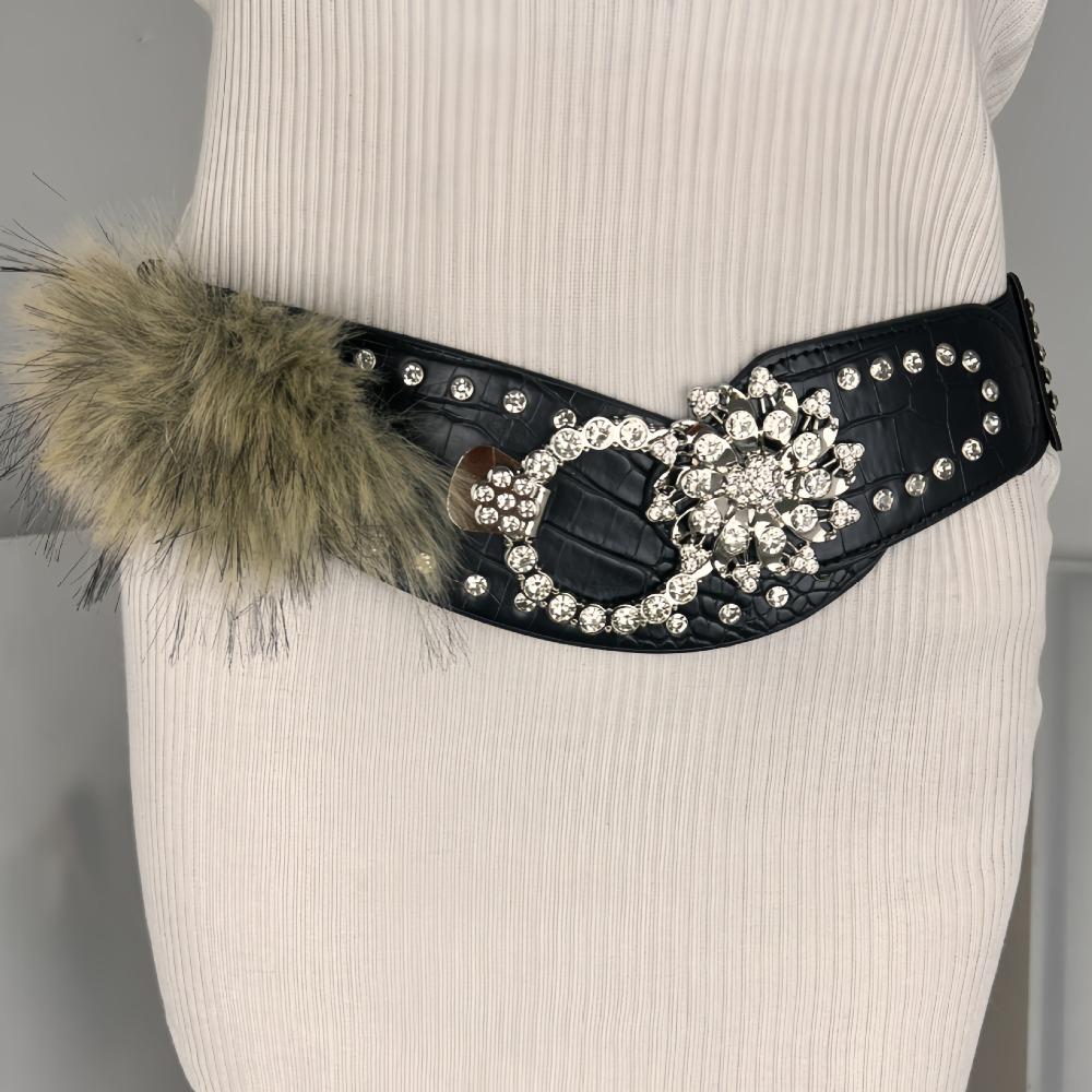 Spicy Girl Style Leather Fur Belt Rhinestone Plush Waist Belt Furry Waistband  Female/Girls