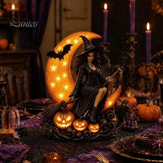 Handcrafted Resin Ornament Halloween Witch Lamp, Gothic Crescent Moon LED Night Light, Tabletop Statue Spooky Decorative Table Lamp for Bedroom