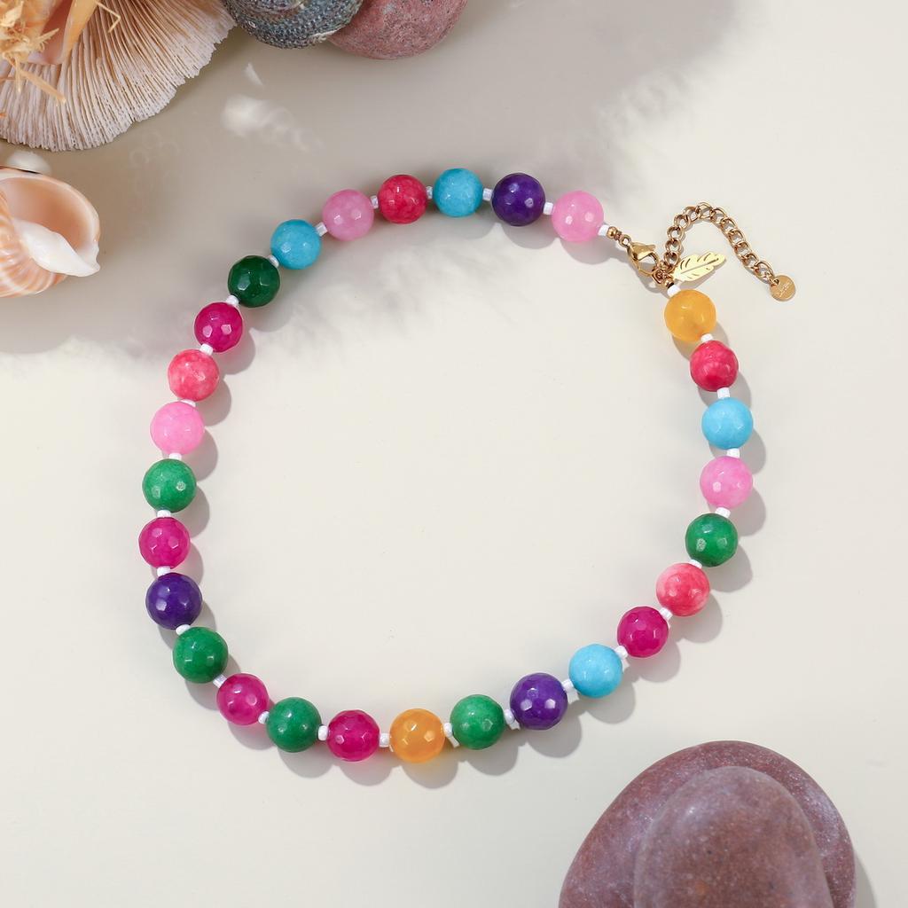 Womens Dopamine Color Round Beaded Natural Stone Clavicle Necklace