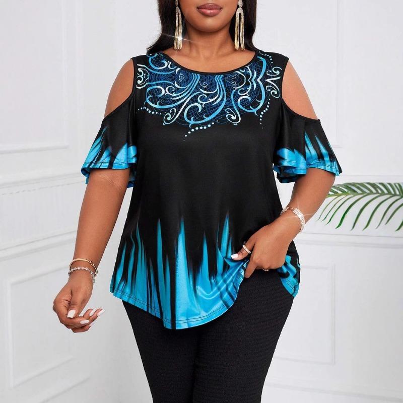 Plus Size Womens Short Sleeve Round Neck Off Shoulder Gradient Print T Shirt