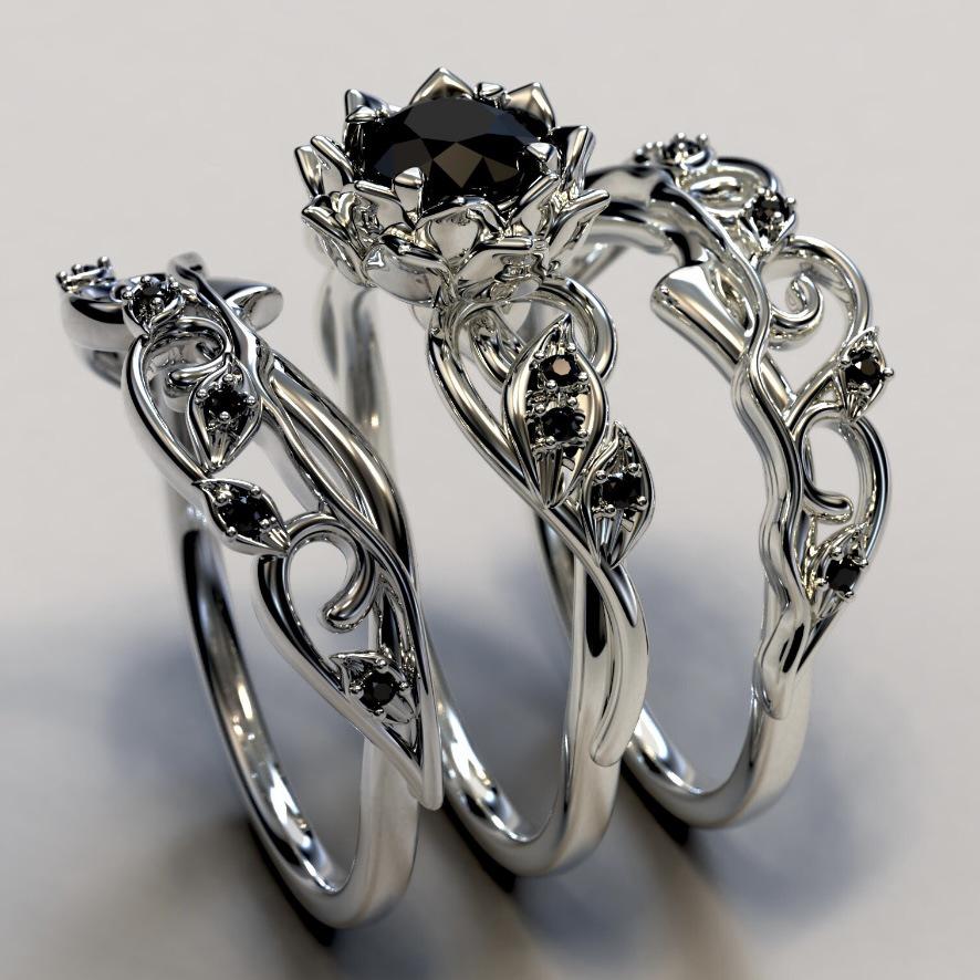 Set di Gioielli da Donna Trendy in Tre Pezzi: Anello Ondulato Floreale con Accento di Diamante Nero