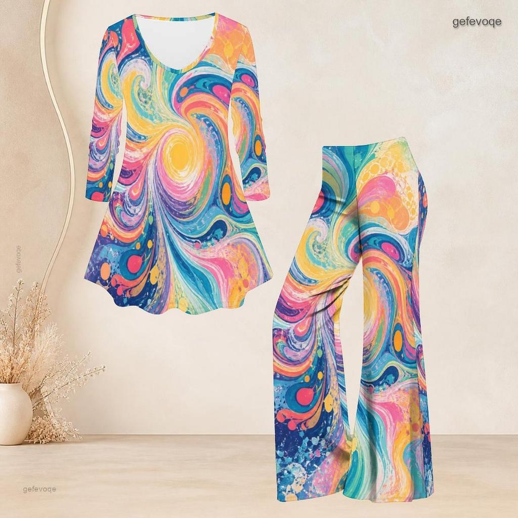 Women Plus Size Black Pink Purple Printed V Neck Three Quarter Sleeve Flared Top Flared Pants Two Piece Set