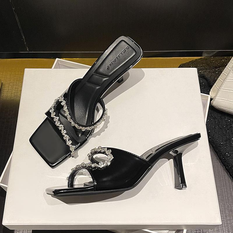 

Beautiful rhinestone open-toed stiletto high-heeled cool slippers women wear square-headed fairy style with skirt lady 40 чёрный