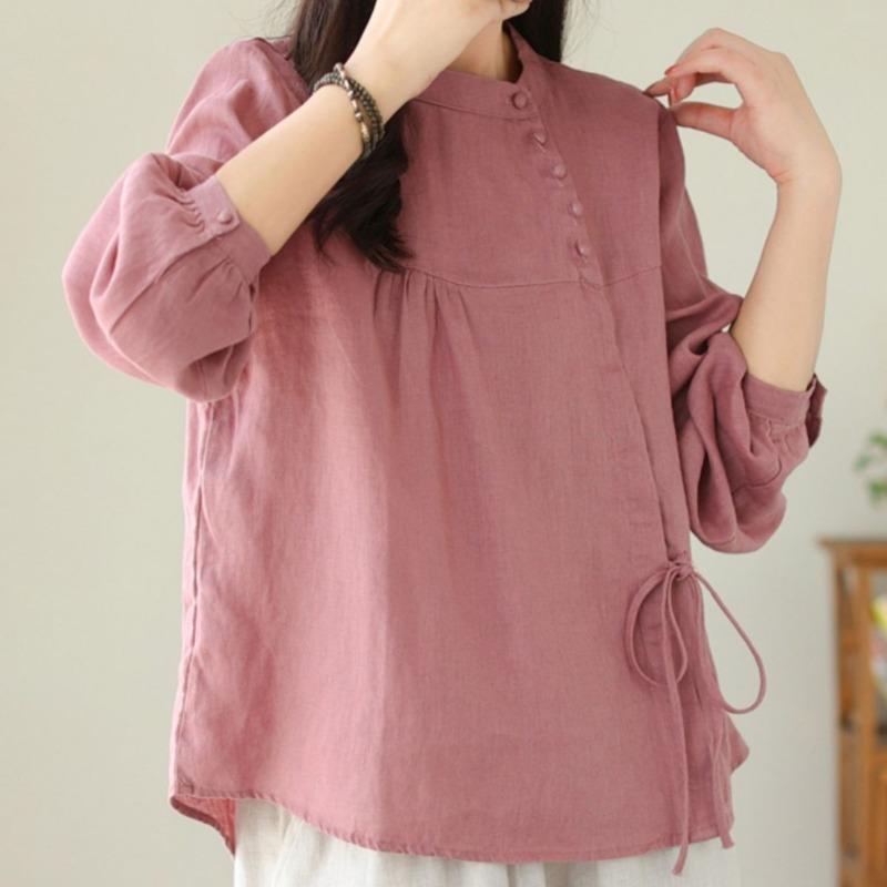 pink linen blend stand collar drawstring waist button down blouse for women