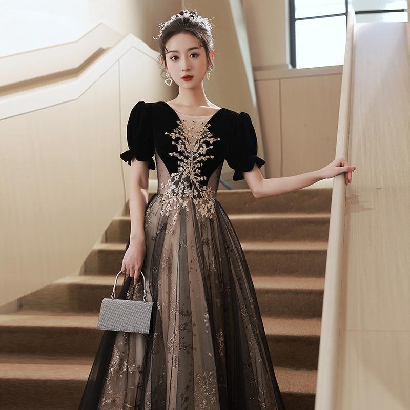 Black Evening Dress Light Luxury Niche Annual Meeting French Hepburn Style Princess Dress Host Adult Art Examination Chorus Performance Dress
