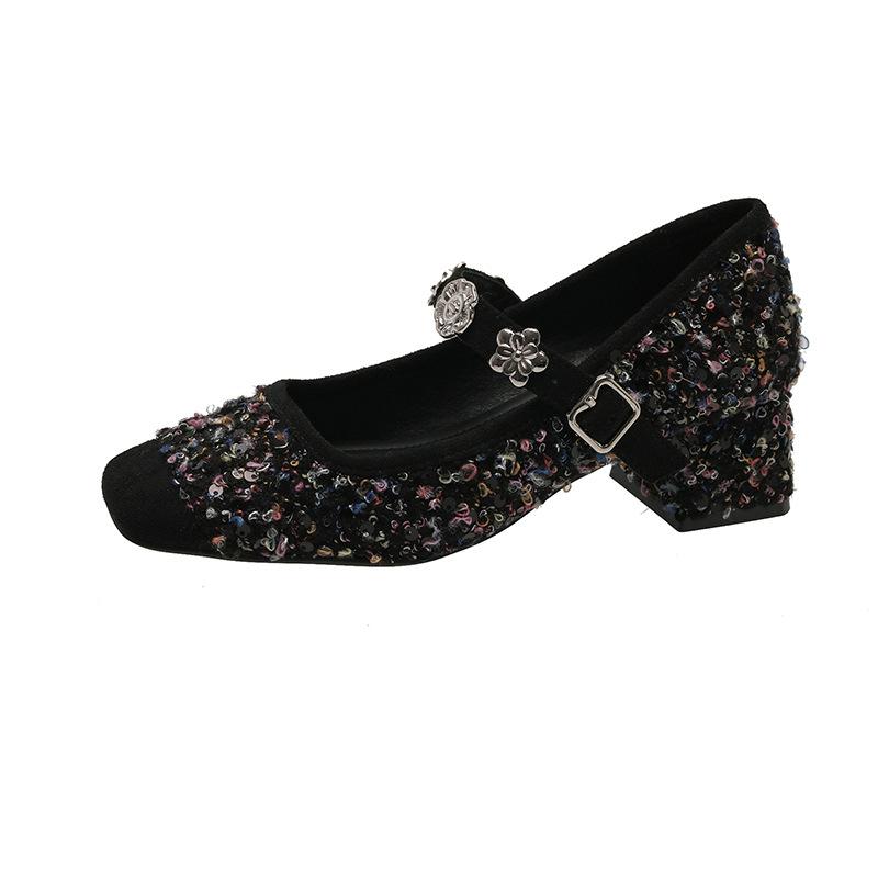 

Coarse heel small fragrant single women s shoes spring new with skirt high heel Mary Jane evening shoes small single shoes 40 синий