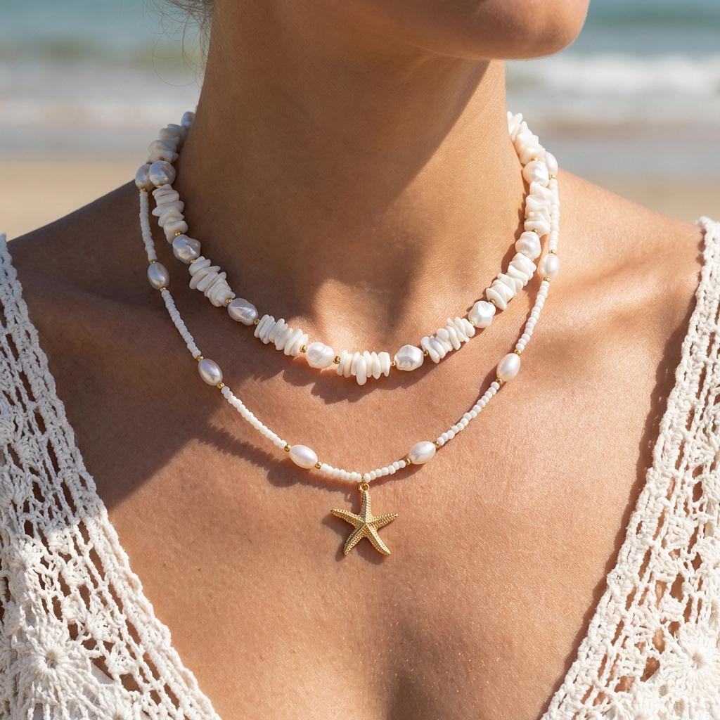 Bohemian White Multilayer Rice Bead Gravel Necklace for Women Baroque Imitation Pearl Gold Starfish Chain Beach Jewelry Gift