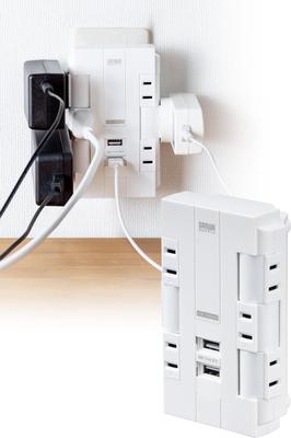 Sanwa Direct 6-Outlet Power Strip with USB, 2 Ports Total 3.4A, Rotating Branch, Centralized Switch, White, 700-TAP046