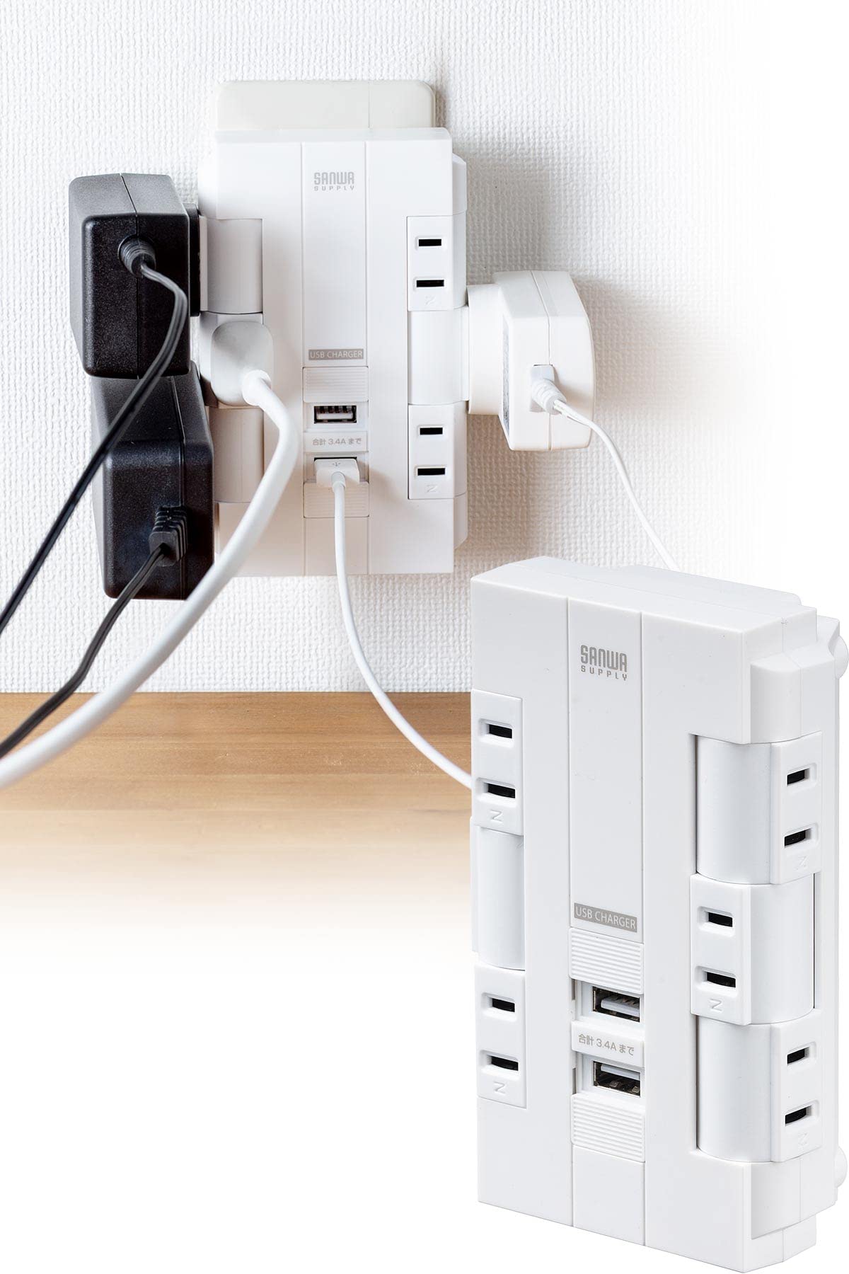 

Sanwa Direct 6-Outlet Power Strip with USB, 2 Ports Total 3.4A, Rotating Branch, Centralized Switch, White, 700-TAP046