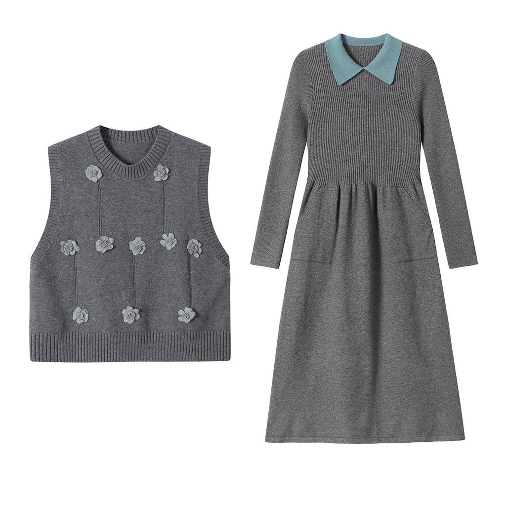 High-End Women's Knit Vest Dress Set with 3D Floral Design - Slimming Two-Piece for Fall/Winter