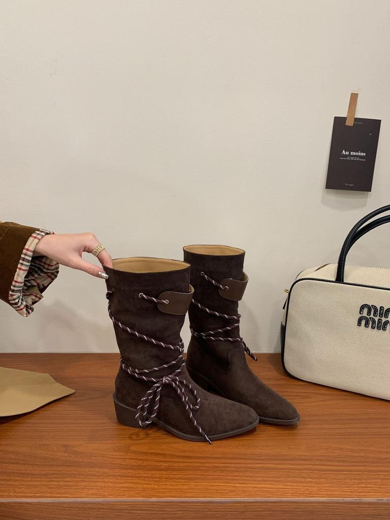 Retro thick heel brown suede medium tube stacking boots women's 2025 new thin boots spring and autumn single boots western short boots