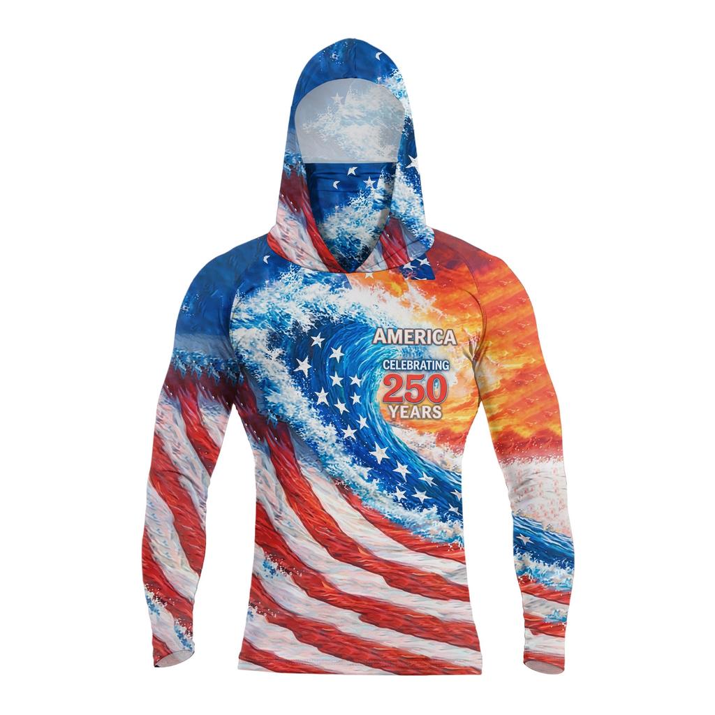 Men's Summer Casual Long Sleeve Hoodie Quick Dry Flag Print Sun Protection Shirt Fishing Fitness Sports Outdoor Wear