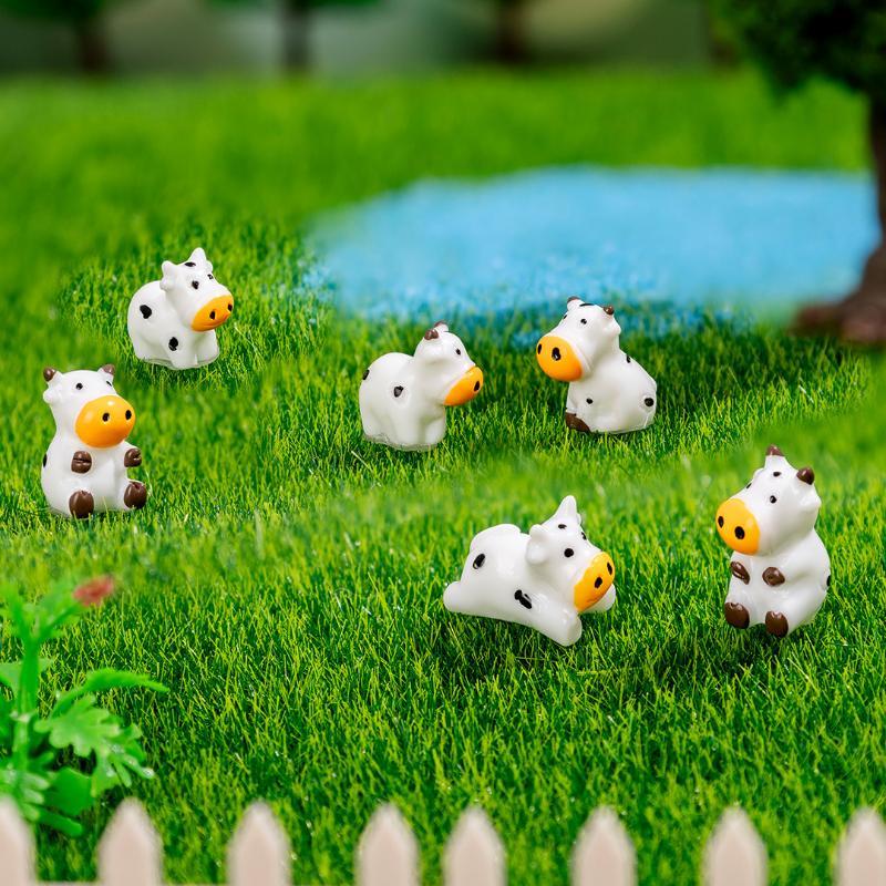 6Pcs Mini Resin Cow Figurine Set Lovely Mini Farm Animal Statue for Fairy Garden DIY Craft Home Desktop Decoration Gift