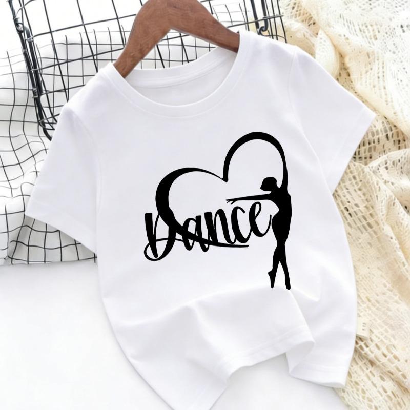 Children Crew Neck Short Sleeve T-Shirt with Dance Pose, Heart & Letter Print
