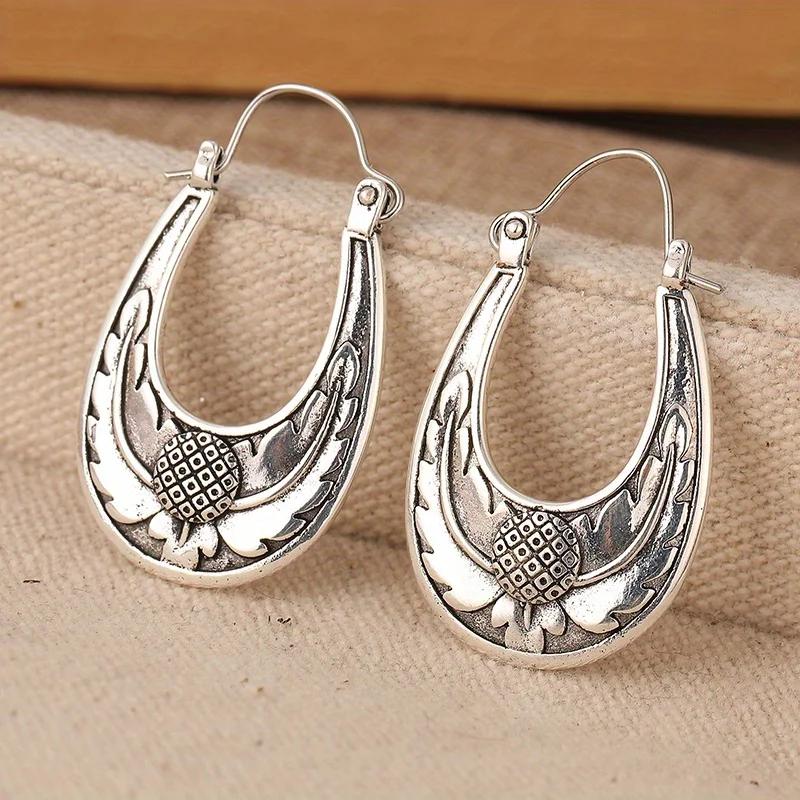 Bohemian Vintage Hand-carved Flower U-shape Design Earrings Creative Jewelry Accessories for Women's Everyday Casual Party Gifts