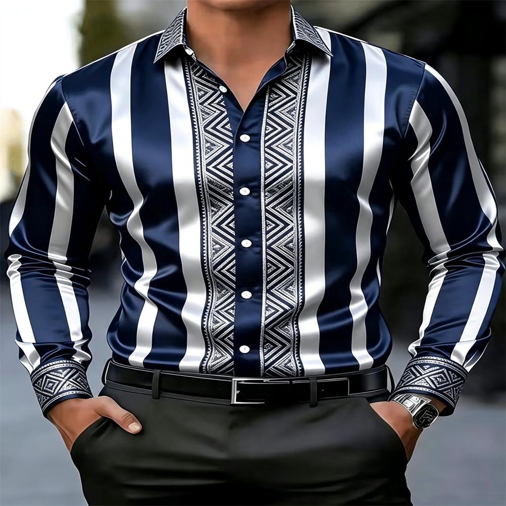 Stripe Satin Men Shirt Geometric Jacquard Slim Long Sleeve Formal Business Dress Top