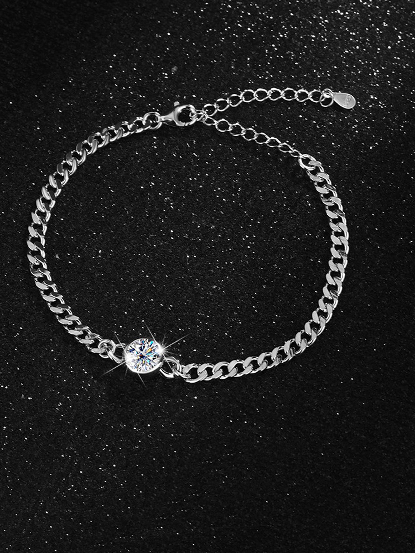 Stylish S925 Women Light Luxury Simple Moissanite Bracelet & Bangle Sterling Silver Cuban Style Adjustable серебряный