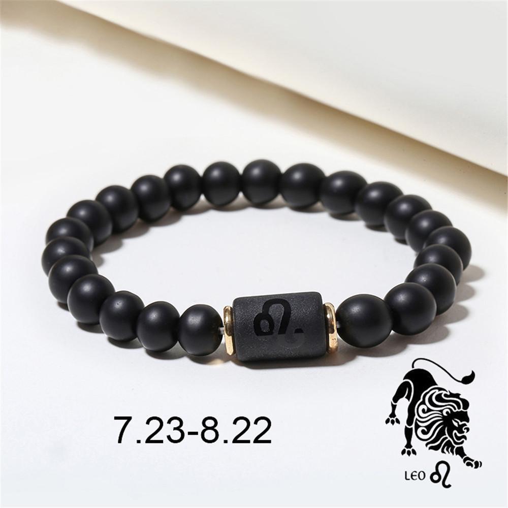 Black Matte Agate Beaded Bracelet with Zodiac Signs - Elastic Buddhist Couple Design
