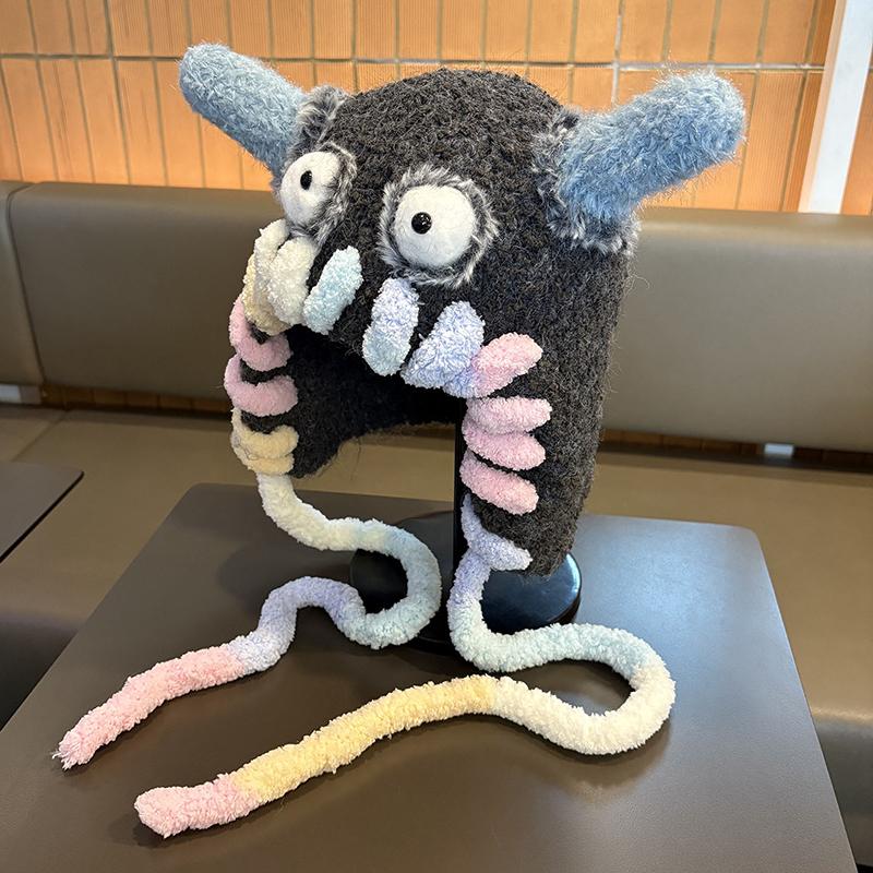 New Trendy Y2K Dopamine Knitted Hats Women Funny Monster Furry Hats Winter Beanie Cap Outdoor Warm Ear Protection Bomber Hats