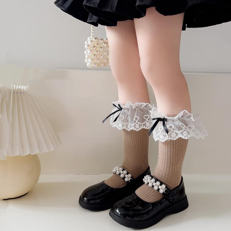 White Lace Socks Children Cotton Socks Korean Girl Bow Lolita Princess Long Socks Solid Color Kids Knit Stockings Spring Autumn
