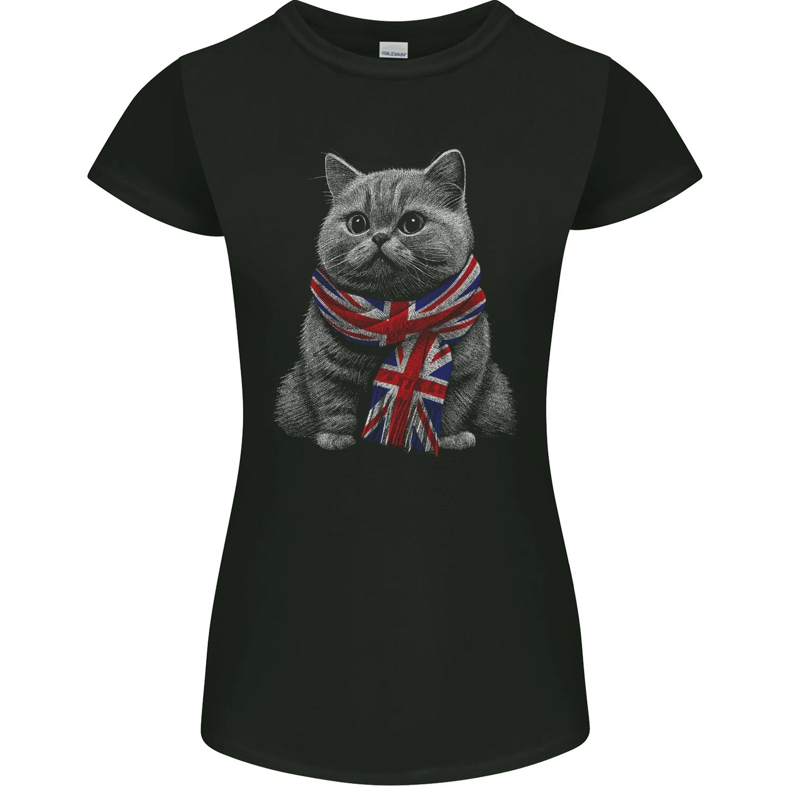 

A Cat With a Union Jack Scarf Great Britain Womens Petite Cut T-Shirt S