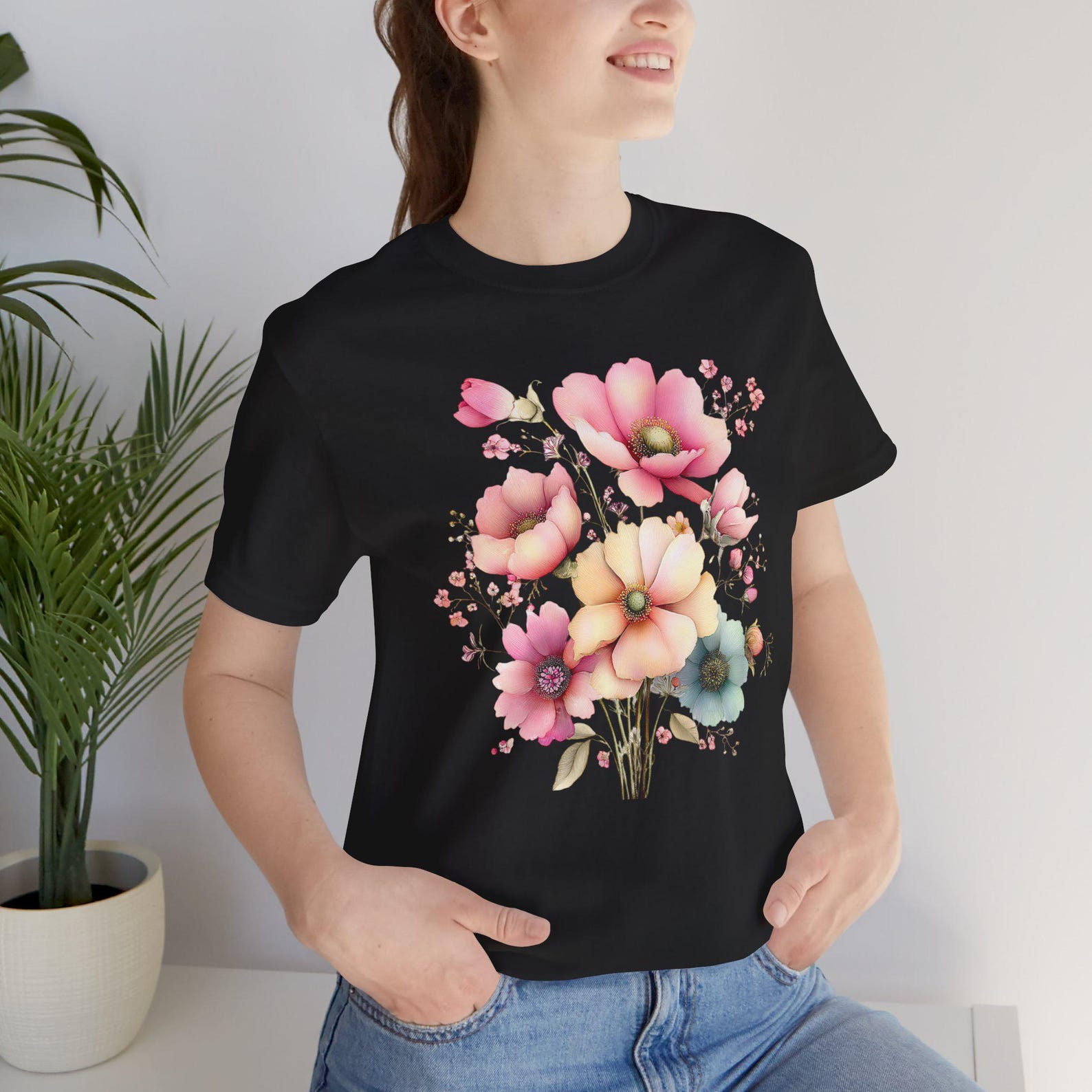 Pink Watercolor Wildflower Bouquet T-Shirt | Floral Spring Tee 4XL