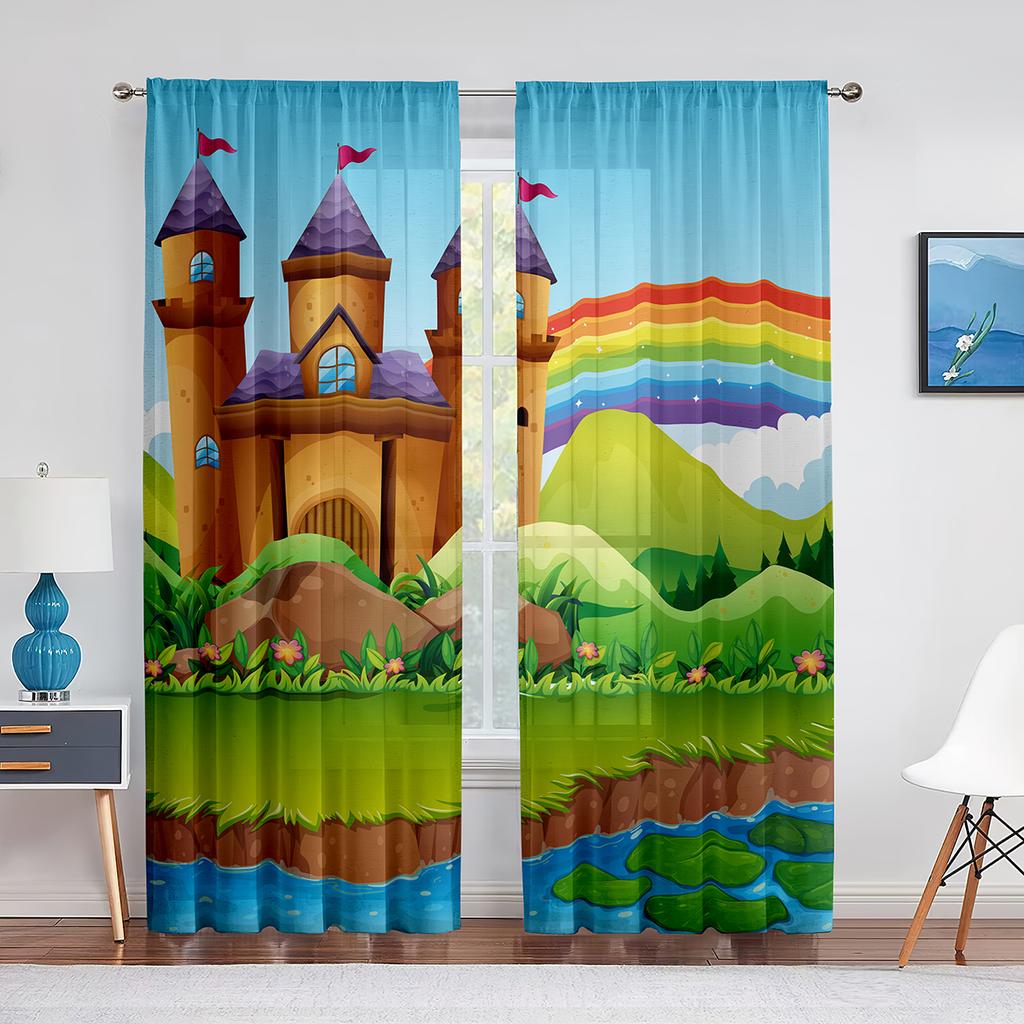 Růžový pohádkový hrad v oblacích Průsvitné závěsy do obývacího pokoje Voálový závěs Dětská ložnice Tylové závěsy Okenní závěsy Dekor