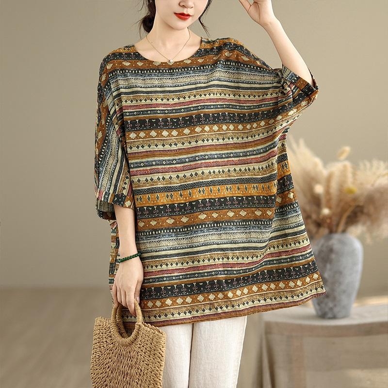 Oversized Vintage Stripe Floral Casual Loose Long T Shirt Tops Women Summer T-shirt