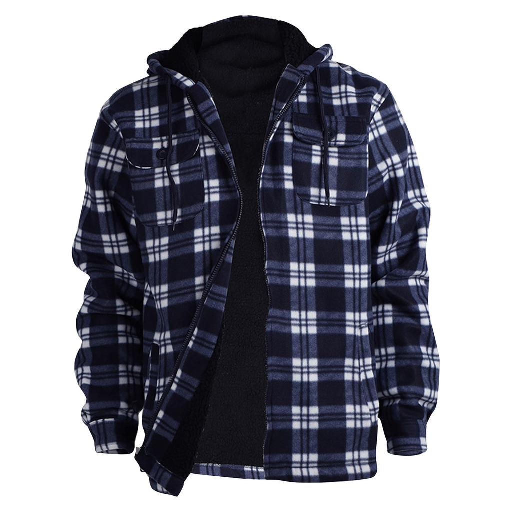 Men's Plaid Long Sleeve Shirt Men's Pocket Button Hooded Sweatshirt