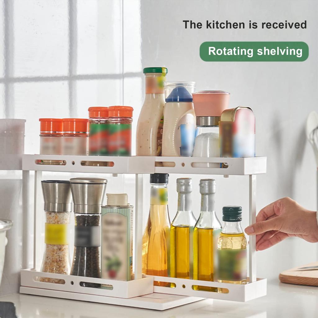 2 Tier Pull-out and Rotate Kitchen Spice Rack Multi-Function Seasoning Organizer for Kitchen Cabinet Pantry Counter-Top Supplies
