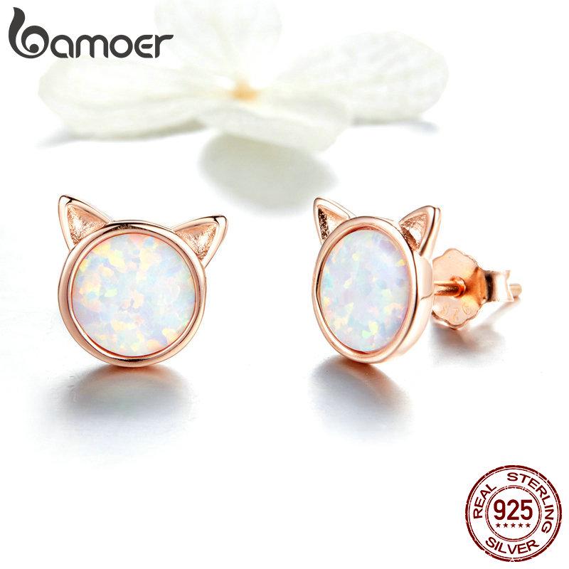 BAMOER New Arrival 925 Sterling Silver Cute Cat Ears Big Stone Small Stud Earrings for Women Fashion Earrings Jewelry