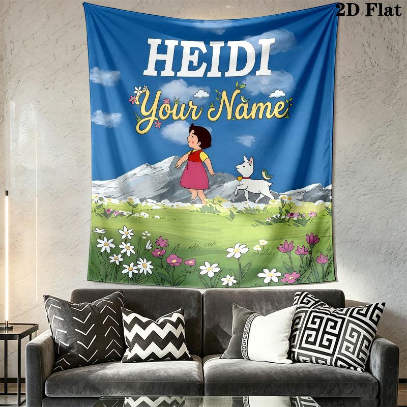 Heidi Alps Cartoon Custom Name Wall Tapestry Aesthetic Wall Hanging Printed Fabric Blanket Decorative Tapestries for Bedroom Living Room Home Decor