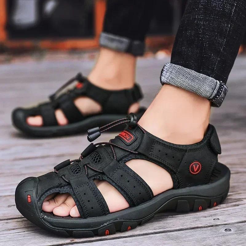 Fashion Summer Men Sandals Genuine Leather Mens Casual Shoes Outdoor Men Leather Sandals for Men Beach Shoes Roman Shoes Zapatillas Male