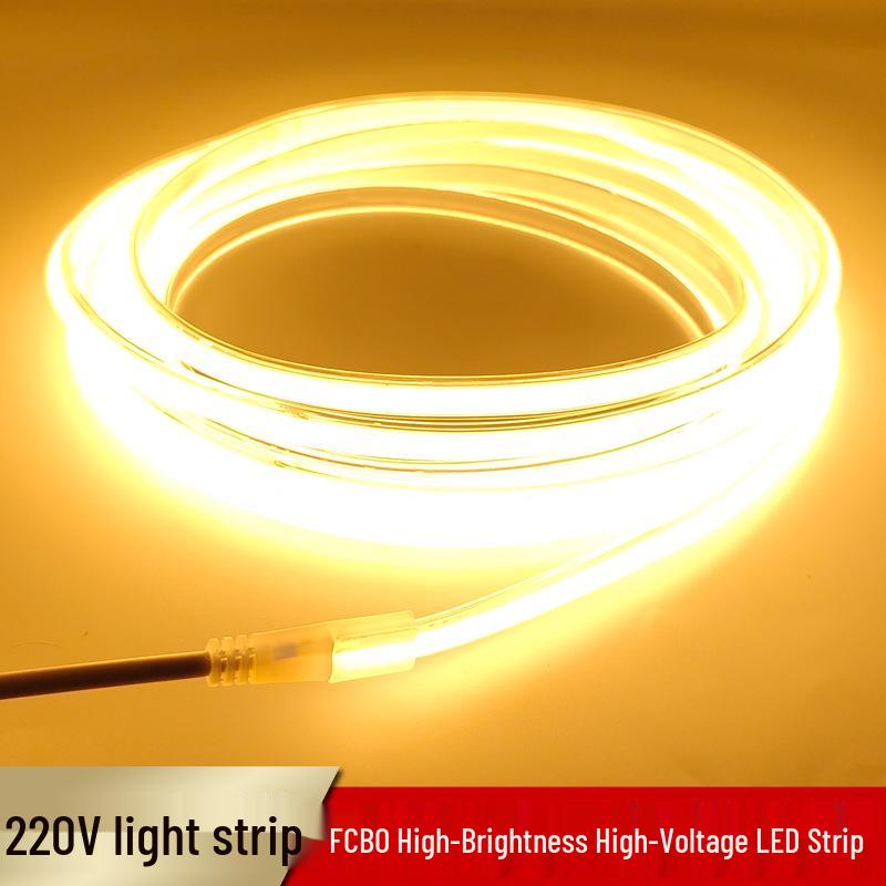 220V FCOB LED Strip with Uniform High Brightness, No Visible Beads, 10cm Cuttable, Self-Adhesive Backing