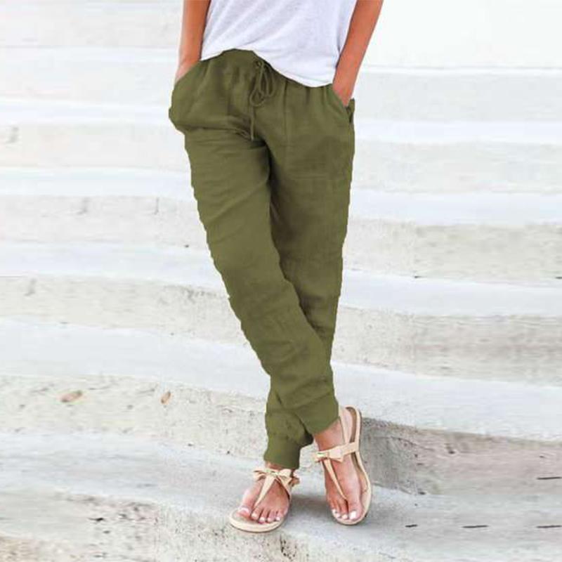 Women's Casual Cotton Hemp Pants Pure Color High Waist Ankle Simple Spring Autumn Female Pocket Pant