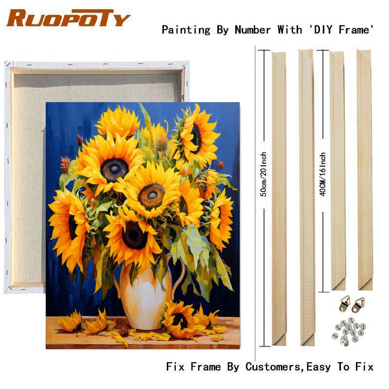 RUOPOTY Nádherná malba slunečnice podle čísel pro dospělé Sady olejových barev Kresba v rámu na plátně Domácí dekorace