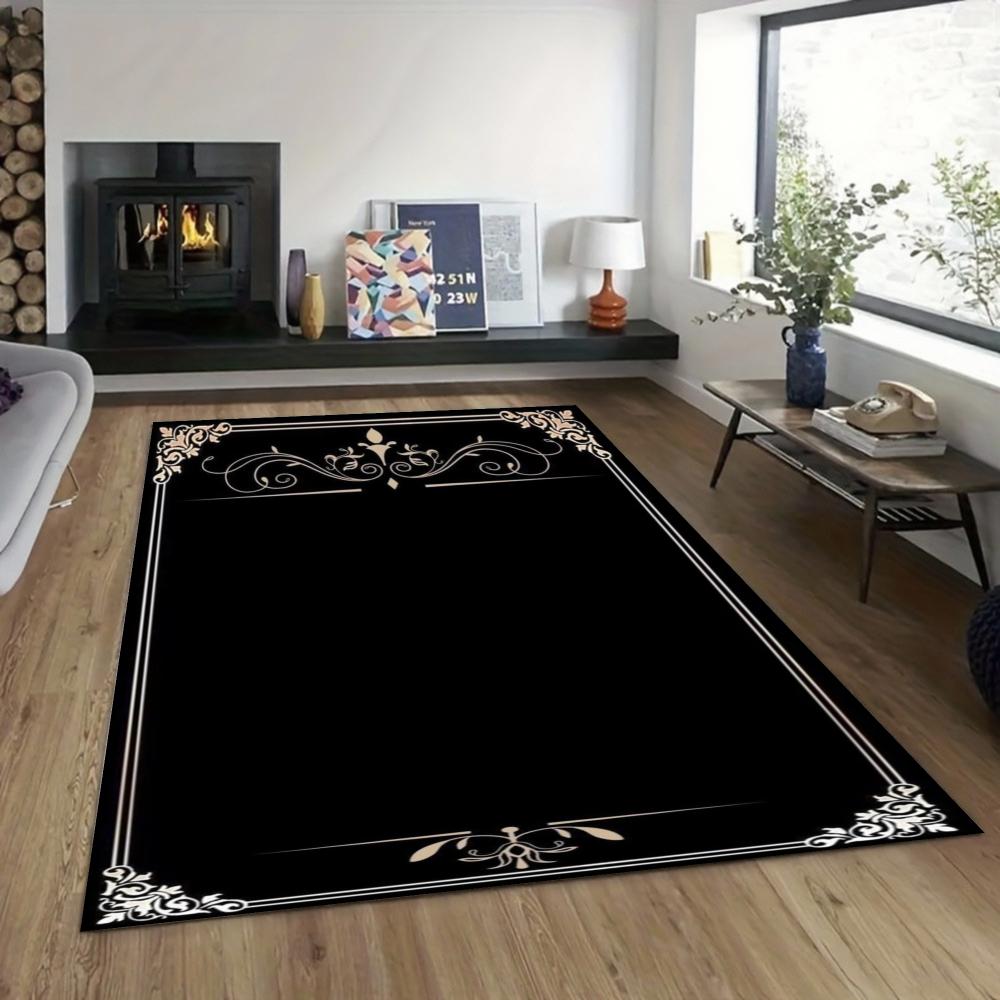 3D Retro Living Room Carpet Luxurious Black Background with Gold Edges Carpets Machine-washable Floor Mat Study and Bedroom Rug
