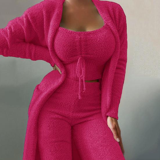 3-teiliges/Set Damen Pyjama Set Einfarbig Plüsch Kurze Oberteile Tiefer Ausschnitt Loungewear