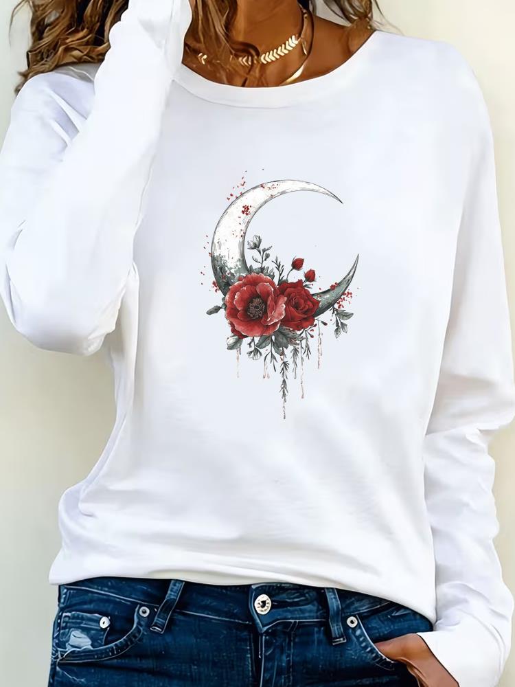 (Asian Size) Tee Lady Printed o-neck trend flower lovely Long Sleeve T Shirt Women Female Clothing Casual Fashion Top Graphic T-shirts