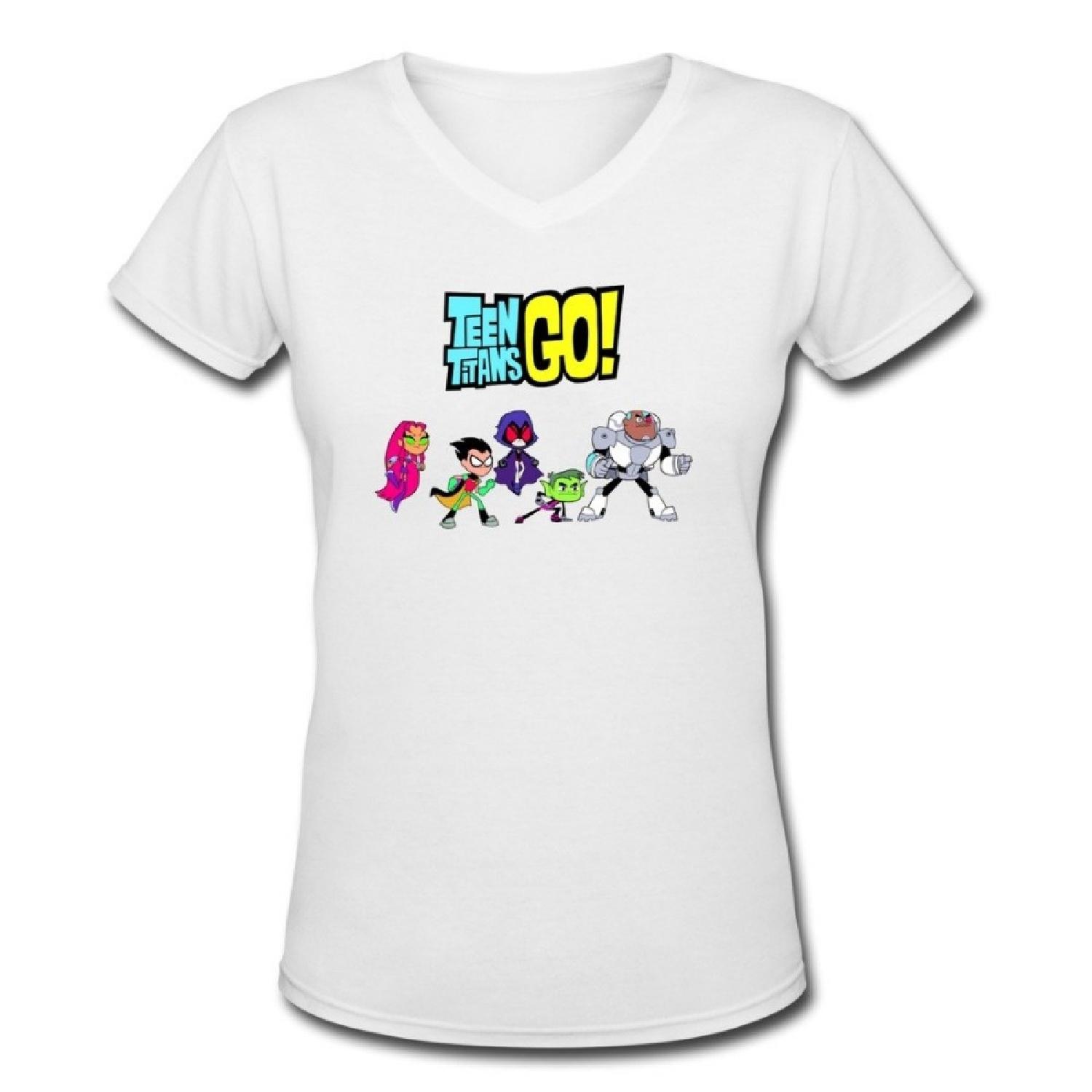 JeFF Women s Teen Titans Go Logo Comic V-Neck Shirt Large White (US Size) S