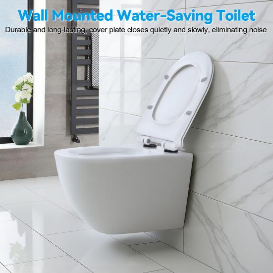 Rimless Wall Hung Toilet, Wall Mounted Toilet Bowl with Soft Closing Seat, Space Saving Round Floating Toilet with 360-degree Single Hole Super Swirl