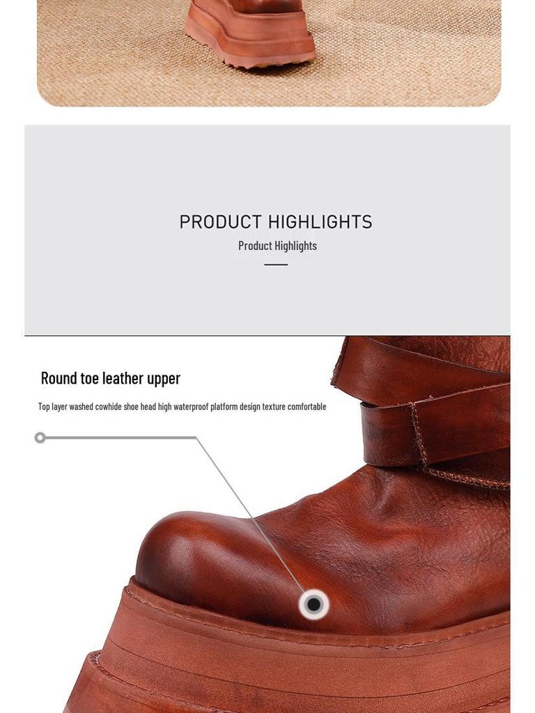 Women's 2025 Height-Increasing Martin Boots - Washed Cowhide Platform Ankle Boots with Buckle and Thick Sole