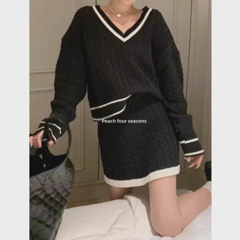 2025 Korean Chic Retro V-Neck Sweater & High-Waist Skirt Set for Women