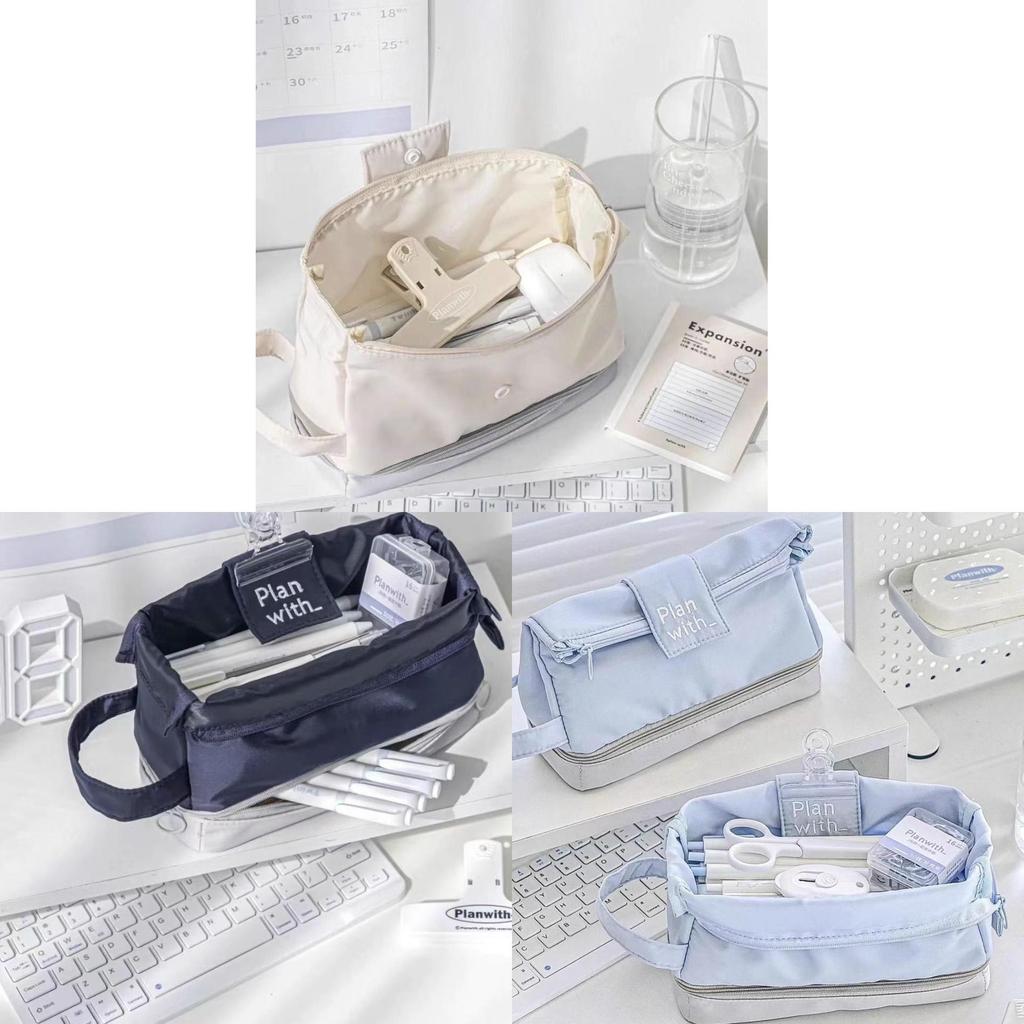 Student Nylon Double Layer Pencil Case Large Capacity Organizer For School And Office