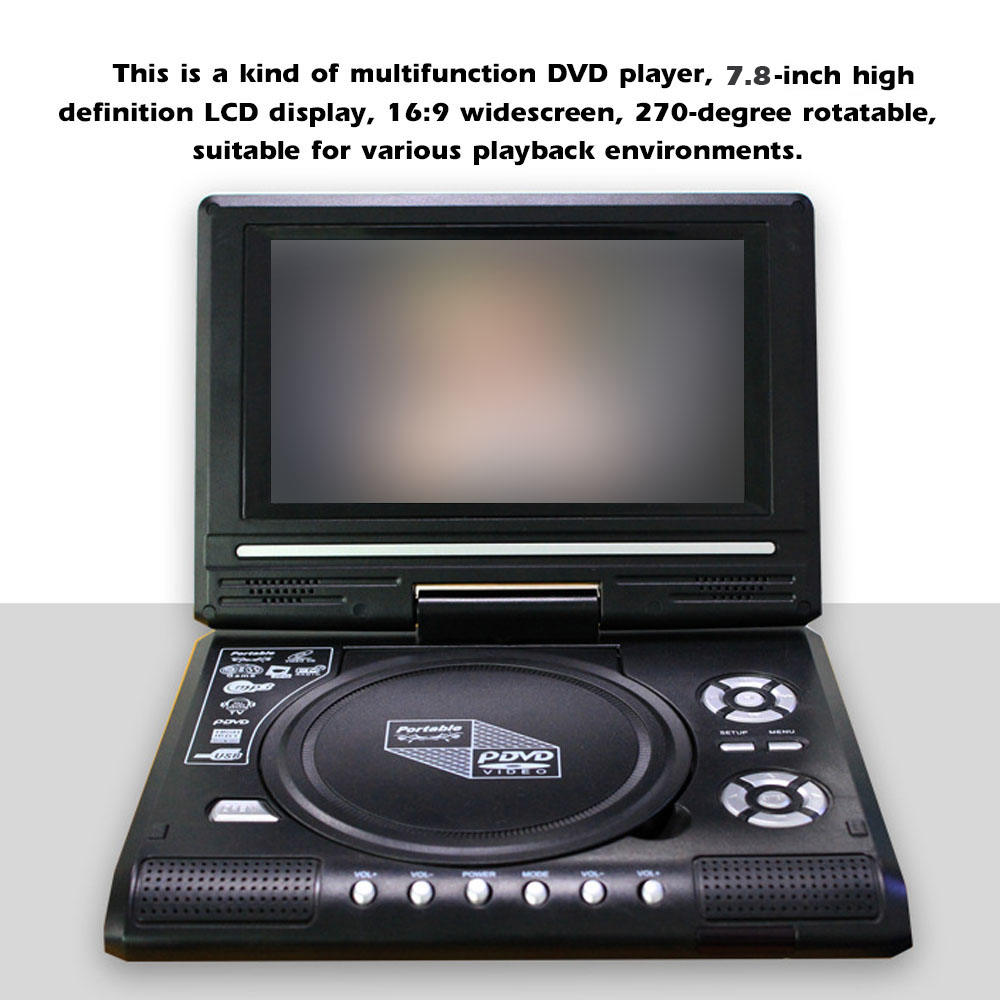 Callaa 7,8 Zoll tragbarer DVD-Player für Zuhause, Auto, VCD, CD, MP3, HD-DVD-Player, Analog-TV, USB, SD-Karten, RCA, Spiel, LCD 16:9 Drehen