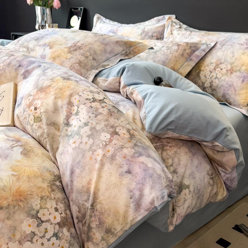 Autumn and Winter Thickened Warm Pure Cotton Polished Four-piece Set Cotton Class A Maternal and Infant Grade Flower Skin-friendly Bed Sheet Quilt