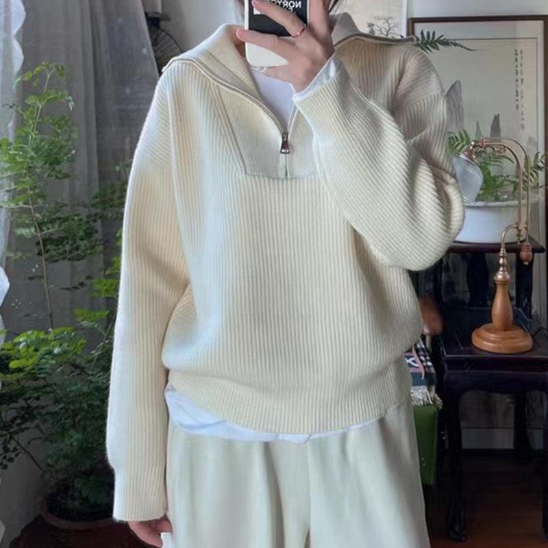 Women's Knitted Sweater Lapel Zipper Sweater Women's Autumn and Winter Loose Lazy Wind Outer Pullover